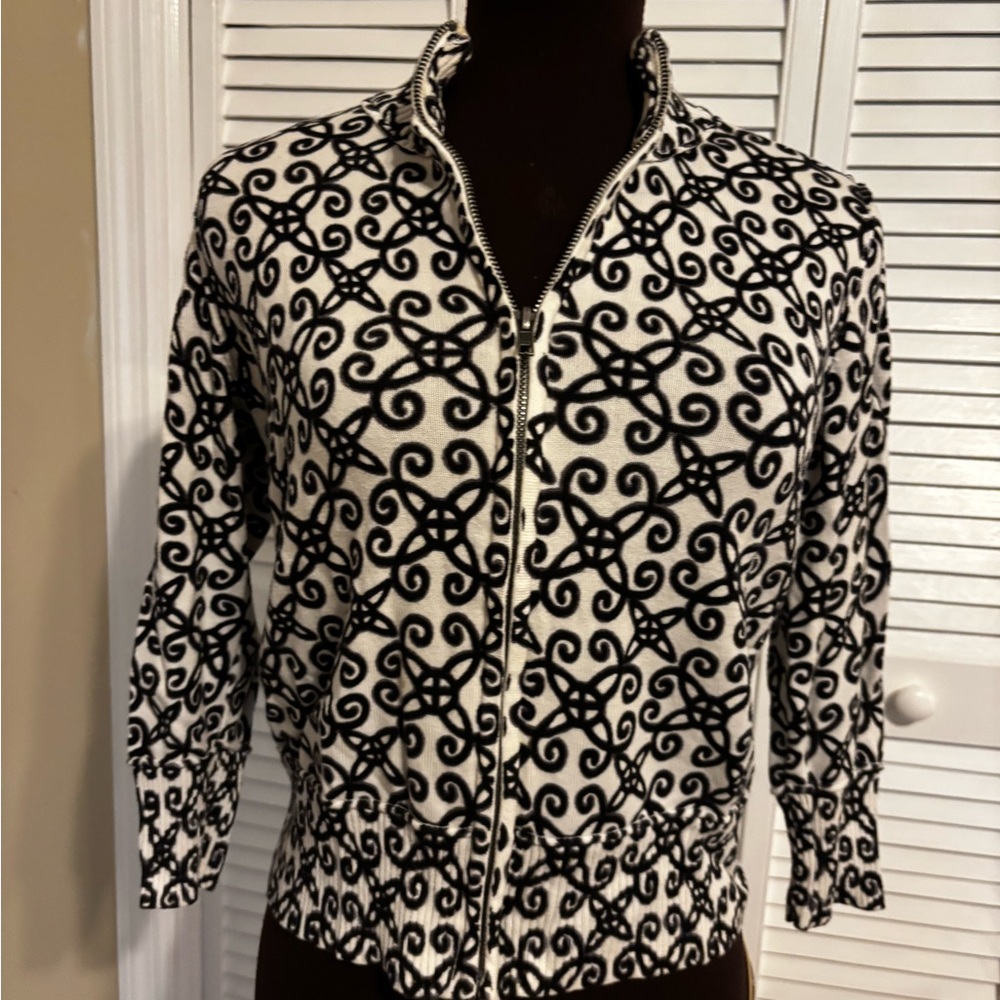 Relativity lightweight Black and White Zip-Front Cardigan Sweater